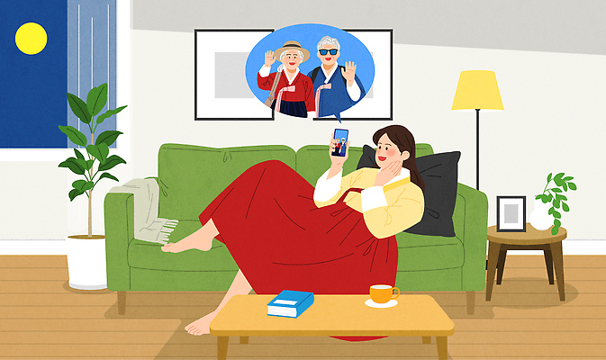 여자 거실 야경 일러스트 가족 휴식 주택 대화 일상 스마트폰 소파 전통의상 친목 영상통화 국내일러스트 AI파일 전통 컨셉 의자 관계 말하기 사람 건물 라이프 핸드폰 스마트기기 야간 통화 파일형식 벡터 풍경_경치