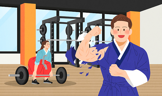 여자 남자 일러스트 근육 건강 운동복 운동 운동기구 헬스 힘 역기 몸무게 연습 체육관 역도 팔 근력 유산소운동 국내일러스트 AI파일 옷 스포츠 사람 신체부위 파일형식 벡터