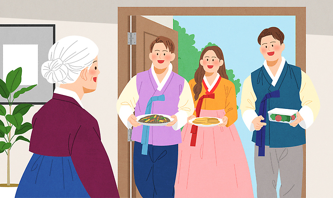 전통 명절 기념일 문화 할머니 음식 일러스트 가족 한국 따뜻함 사랑 웃음 만남 분위기 한복 즐거움 방문 명절음식 음식대접 정성 회식 국내일러스트 AI파일 한국전통 여자 노년 감정 아시아 컨셉 관계 표정 이벤트 식사 환대 전통의상 파일형식 벡터