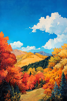 JPG 나무 구름 컬러 단풍 일러스트 자연 산 풍경 야외 관광지 가을 숲 조화 뷰티풀 산들바람 국내일러스트 AI일러스트 AI콘텐츠 자연요소 식물 계절 여행 잎 바람 생태계 파일형식