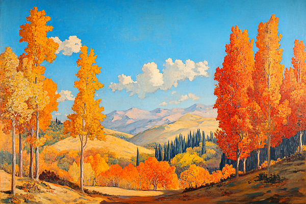 JPG 나무 계절 단풍 일러스트 자연 하늘 날씨 산 풍경 햇빛 노란색 주황색 고요 가을 숲 언덕 뷰티풀 색채 전경 산맥 국내일러스트 AI일러스트 AI콘텐츠 식물 컬러 잎 태양 생태계 파일형식 탑뷰