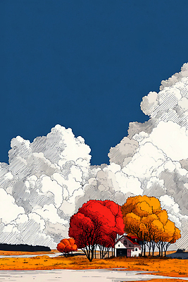 JPG 나무 일러스트 자연 하늘 주택 풍경 일상 평화 정원 금색 가을 농촌 시골 변화 편안함 클라우드서비스 밝은색 국내일러스트 AI일러스트 AI콘텐츠 식물 계절 컬러 컨셉 건물 라이프 감각 서비스 생태계 파일형식