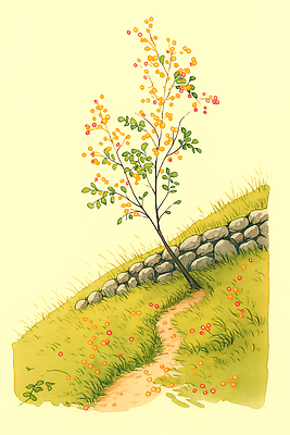 JPG 나무 열매 길 컬러 과일 일러스트 자연 돌담 풍경 경사 초원 초록색 여름 고요 언덕 조화 갈래길 국내일러스트 AI일러스트 AI콘텐츠 식물 계절 담장 돌_바위 생태계 파일형식