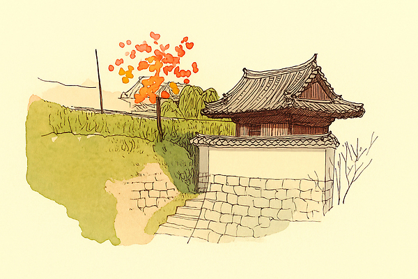 JPG 나무 여행 단풍 일러스트 자연 한국 외벽 풍경 잔디 정원 고요 산책 문화재 가을 역사 조경 조화 뷰티풀 풍경화 국내일러스트 AI일러스트 AI콘텐츠 식물 계절 아시아 벽 잎 휴식 그림 생태계 파일형식