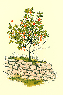 JPG 나무 식물 열매 백그라운드 농업 과일 일러스트 자연 돌담 풍경 초록색 정원 주황색 시골 땅 국내일러스트 AI일러스트 AI콘텐츠 산업 컬러 담장 돌_바위 생태계 파일형식