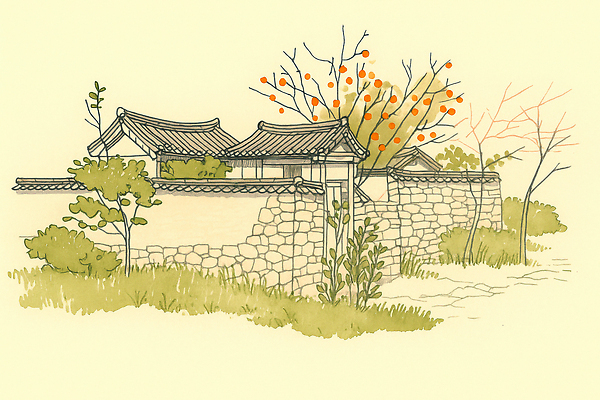 JPG 나무 전통 건축 전통문화 일러스트 자연 한국 돌담 풍경 햇빛 평화 정원 농촌 시골 조경 뷰티풀 접착풀 전경 국내일러스트 AI일러스트 AI콘텐츠 식물 아시아 문화 컨셉 문구용품 담장 태양 돌_바위 풀_접착제 생태계 파일형식 탑뷰