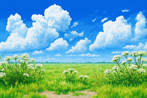 JPG 식물 구름 계절 꽃 일러스트 자연 하늘 생명 날씨 풍경 초원 여름 파란색 평화 맑음 목초지 산책 생태계 뷰티풀 국내일러스트 AI일러스트 AI콘텐츠 자연요소 컬러 컨셉 휴식 목장 파일형식 초원_자연