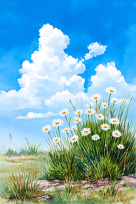 JPG 식물 구름 꽃 일러스트 자연 하늘 생명 함께함 풍경 초원 초록색 평화 환경 맑음 봄 들꽃 데이지 화사함 조화 뷰티풀 색감 국내일러스트 AI일러스트 AI콘텐츠 자연요소 계절 컬러 컨셉 날씨 생태계 파일형식