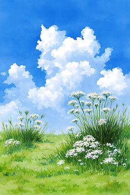 JPG 식물 구름 꽃 일러스트 자연 풍경 잔디 초원 여름 햇빛 들꽃 흰색 생태계 뷰티풀 국내일러스트 AI일러스트 AI콘텐츠 자연요소 계절 컬러 태양 파일형식