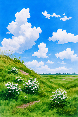 JPG 식물 구름 꽃 컬러 일러스트 자연 하늘 생명 풍경 초원 여름 햇빛 맑음 흰색 숲 땅 조화 뷰티풀 접착풀 국내일러스트 AI일러스트 AI콘텐츠 자연요소 계절 날씨 문구용품 태양 풀_접착제 생태계 파일형식