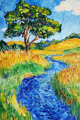 JPG 나무 식물 일러스트 자연 하늘 풍경 초원 물 여름 파란색 강 농경지 농사 금색 뷰티풀 색감 화창 목가 국내일러스트 AI일러스트 AI콘텐츠 자연요소 계절 컬러 농업 날씨 농장 생태계 파일형식