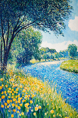 JPG 나무 꽃 일러스트 자연 하늘 미술 풍경 초원 야외 여름 파란색 강 햇빛 평화 귀여움 흐름 신선 그림 조화 국내일러스트 AI일러스트 AI콘텐츠 식물 계절 컬러 컨셉 문화예술 태양 생태계 파일형식