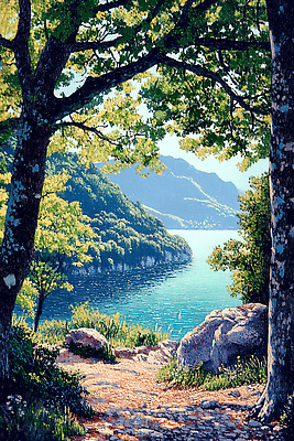 JPG 나무 호수 여행 일러스트 자연 하늘 바람 산 풍경 초록색 여름 빛 평화 탐험 에코 뷰티풀 수목 탐방 차분 국내일러스트 AI일러스트 AI콘텐츠 자연요소 식물 계절 컬러 컨셉 날씨 환경 생태계 파일형식