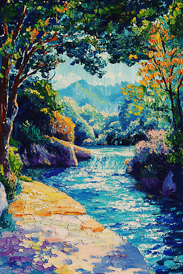 JPG 나무 공원 컬러 일러스트 자연 휴식 산 풍경 물 여름 강 햇빛 평화 산책로 흐름 생태계 조경 뷰티풀 국내일러스트 AI일러스트 AI콘텐츠 자연요소 식물 계절 공공시설 길 컨셉 태양 파일형식