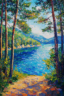 JPG 호수 일러스트 자연 하늘 휴식 산 풍경 여름 파란색 빛 반짝임 햇빛 평화 산책로 소나무 숲속 숲 조화 국내일러스트 AI일러스트 AI콘텐츠 나무 계절 길 컬러 컨셉 모션 태양 생태계 파일형식