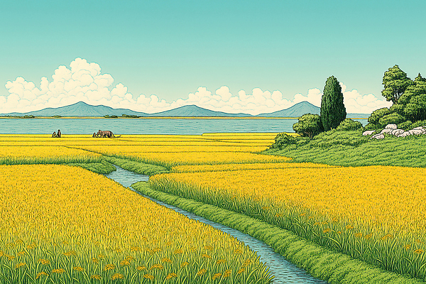 JPG 구름 호수 여유 농업 일러스트 자연 산 풍경 일상 여름 평화 농사 산책 수확 전원 농촌 생태계 수로 국내일러스트 AI일러스트 AI콘텐츠 자연요소 계절 감정 산업 컨셉 휴식 라이프 시골 전기에너지 파일형식