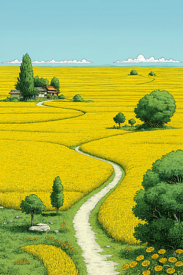 JPG 나무 길 일러스트 자연 하늘 논 풍경 초원 여름 농작물 평화 수확 농촌 시골 오두막 그림 국내일러스트 AI일러스트 AI콘텐츠 식물 계절 컨셉 농업 생태계 파일형식