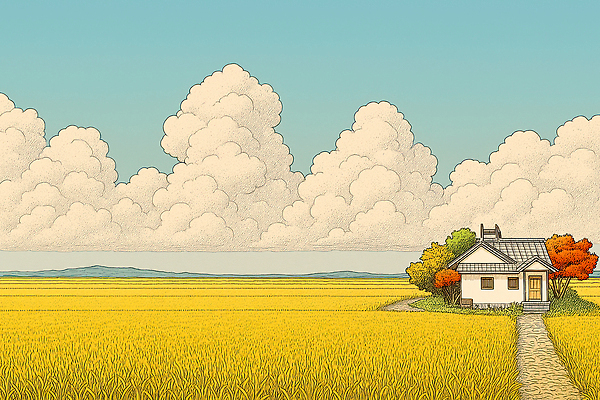 JPG 나무 구름 길 일러스트 자연 하늘 주택 초가집 풍경 노란색 환경 농사 맑음 가을 농촌 시골 논밭 풍요 국내일러스트 AI일러스트 AI콘텐츠 자연요소 식물 계절 컬러 컨셉 밭 농업 날씨 한옥 논 건물 생태계 파일형식