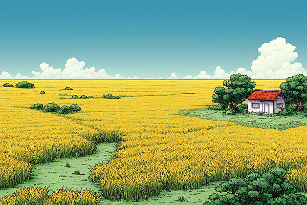 JPG 나무 식물 구름 농업 일러스트 자연 하늘 논 풍경 초원 햇빛 평화 농사 고요 농촌 시골 시골집 조용 국내일러스트 AI일러스트 AI콘텐츠 자연요소 산업 컨셉 주택 태양 생태계 파일형식