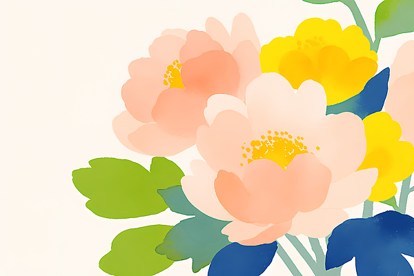 JPG 디자인 꽃 분홍색 컬러 잎 일러스트 자연 페인팅 노란색 정원 그림 원예 향기 부드러움 화사함 조화 뷰티풀 색감 색채 생동감 국내일러스트 AI일러스트 AI콘텐츠 식물 컨셉 취미 감각 생태계 냄새 파일형식