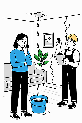 일러스트 집안 아파트 주택 건물 물 환경 방 수리 전문직 걱정 검사_조사 천장 시설 상담 문제 해결 점검 누수 국내일러스트 AI파일 자연요소 직업 건축물 감정 실내 파일형식 벡터