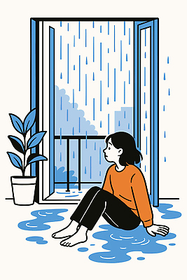 식물 여자 감정 생각 일러스트 우산 창문 바람 날씨 실내 풍경 야외 방 비 추억 웅덩이 일과 고립 우울감 국내일러스트 AI파일 자연요소 컨셉 사람 내부 파일형식 벡터