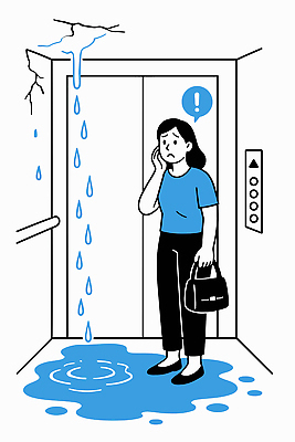 여자 일러스트 우산 배낭 실내 표정 안전 내부 도시 직장인 체험 엘리베이터 고장 불안 걱정 장마 누수 신고 국내일러스트 AI파일 직업 감정 컨셉 가방 사람 비_날씨 파일형식 벡터
