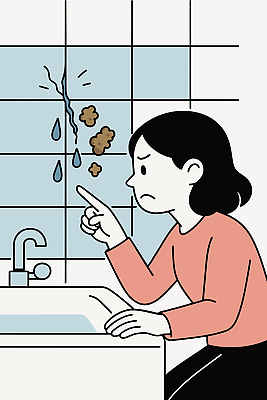 여자 벽 생각 일러스트 손가락 실내 표정 물 환경 깨끗함 방울 지저분함 청소 타일 세면대 화장실 문제 불만 지적 국내일러스트 AI파일 자연요소 손 감정 컨셉 모션 사람 내부 장식 감각 파일형식 벡터