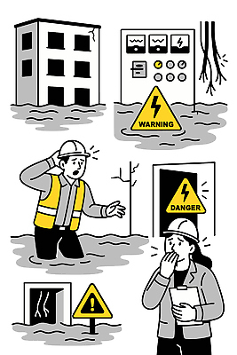 생각 일러스트 표시 경고 안전 건물 물 환경 기계 표지판 구출 전기에너지 헬멧 위험 홍수 자연재해 예방 점검 작업자 국내일러스트 AI파일 자연요소 건축물 컨셉 알림판 에너지 도움 보호장비 재해 파일형식 벡터