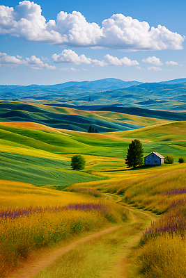 JPG 편집이미지 자연 하늘 주택 함께함 풍경 초원 초록색 노란색 평화 고요 언덕 이미지편집 AI포토 AI콘텐츠 컬러 컨셉 건물 생태계 파일형식