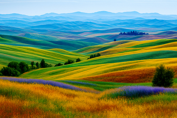 JPG 편집이미지 컬러 꽃밭 자연 하늘 아침 풍경 초원 야외 파란색 노란색 평화 언덕 뷰티풀 산맥 이미지편집 AI포토 AI콘텐츠 주간 꽃 컨셉 산 생태계 파일형식