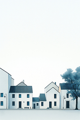 JPG 나무 디자인 건축 컬러 가로등 일러스트 하늘 아침 거리 주택 풍경 평화 마을 흰색 그림 조용 국내일러스트 AI일러스트 AI콘텐츠 주간 식물 공공시설 컨셉 건물 파일형식