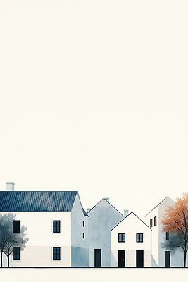 JPG 나무 여유 컬러 일러스트 자연 하늘 풍경 건물 평화 마을 고요 조화 단순화된 국내일러스트 AI일러스트 AI콘텐츠 식물 건축물 감정 컨셉 생태계 파일형식