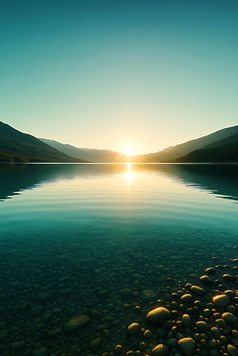 JPG 편집이미지 호수 물결 자연 아침 휴식 산 풍경 태양 반사 일출 고요 돌_바위 조용 수평선 편집실사 AI포토 AI콘텐츠 주간 자연요소 컨셉 노을 CG 생태계 파일형식