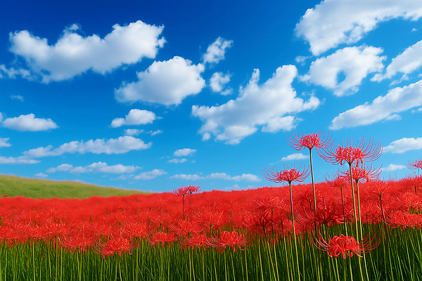 JPG 구름 편집이미지 꽃 꽃밭 자연 하늘 바람 풍경 잔디 야외 여름 파란색 평화 환경 석산꽃 편집실사 AI포토 AI콘텐츠 자연요소 식물 계절 컬러 컨셉 날씨 CG 생태계 파일형식