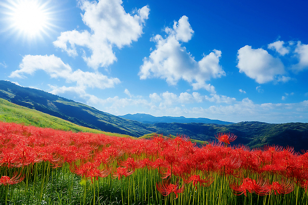 JPG 구름 편집이미지 꽃 자연 하늘 날씨 산 풍경 초원 햇빛 가을 만개 뷰티풀 석산꽃 편집실사 AI포토 AI콘텐츠 자연요소 식물 계절 태양 CG 생태계 파일형식