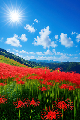 JPG 구름 편집이미지 계절 자연 하늘 풍경 초원 여름 햇빛 평화 언덕 뷰티풀 석산꽃 풍경화 편집실사 AI포토 AI콘텐츠 자연요소 꽃 컨셉 태양 CG 그림 생태계 파일형식