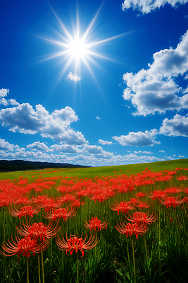 JPG 식물 구름 편집이미지 꽃 자연 하늘 생명 풍경 초원 여름 햇빛 일출 일몰 뷰티풀 석산꽃 편집실사 AI포토 AI콘텐츠 자연요소 계절 태양 노을 CG 생태계 파일형식