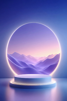 JPG 편집이미지 디자인 예술 백그라운드 자연 산 풍경 일몰 모던 조화 원형프레임 패널 포디움 경관 이미지편집 AI컴퓨터그래픽 AI콘텐츠 프레임 노을 무대 원형 생태계 파일형식