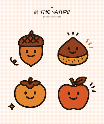 캐릭터 디자인 컬러 과일 일러스트 자연 그래픽 귀여움 원형 사과 밤 그림 도토리 국내일러스트 AI파일 도형 컨셉 견과류 생태계 파일형식 벡터