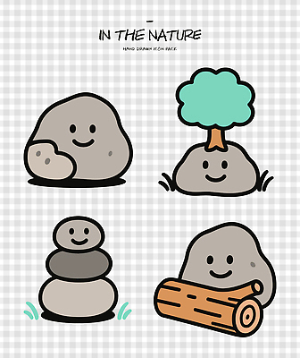 나무 캐릭터 일러스트 자연 생명 표정 웃음 장식 귀여움 돌_바위 표현 그림 스톤 자연물 국내일러스트 AI파일 식물 컨셉 생태계 파일형식 벡터