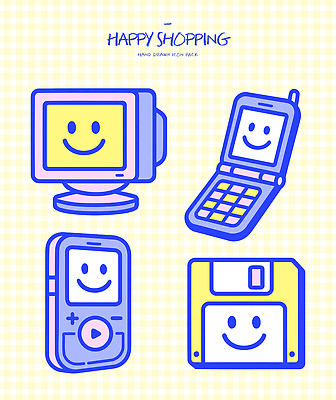 디자인 컬러 백그라운드 일러스트 미소 그래픽 전자제품 핸드폰 컴퓨터 노란색 MP3 플로피디스크 격자 키치 국내일러스트 AI파일 컨셉 무늬 표정 파일형식 벡터