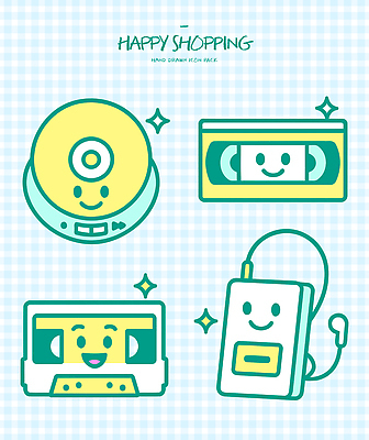 디자인 음악 백그라운드 일러스트 그래픽 쇼핑 귀여움 기계 CD 복고 비디오테이프 색감 플레이어 키치 국내일러스트 AI파일 컨셉 문화예술 파일형식 벡터