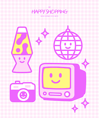 디자인 문화 분홍색 컬러 일러스트 그래픽 쇼핑 지구본 카메라 환경 텔레비전 램프 빈티지 체크무늬 키치 국내일러스트 AI파일 컨셉 무늬 조명 전자제품 파일형식 벡터