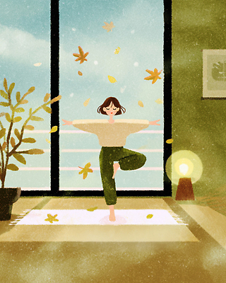 JPG 나무 식물 여유 일러스트 요가 창문 자연 아침 조명 실내 독서 운동 햇빛 방 가을 균형 명상 그림 힐링 방법 칸막이 국내일러스트 AI일러스트 AI콘텐츠 주간 웰빙 계절 감정 건강 내부 태양 생태계 파일형식