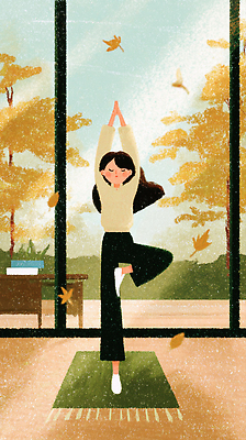 JPG 웰빙 여자 행복 일러스트 요가 창문 모션 자연 아침 나뭇잎 주택 실내 건강 풍경 운동 평화 가을 편안함 집중 명상 국내일러스트 AI일러스트 AI콘텐츠 주간 계절 감정 컨셉 잎 사람 내부 건물 감각 생태계 파일형식