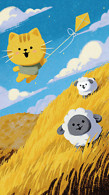 JPG 동물 구름 캐릭터 일러스트 자연 놀이 하늘 풍경 잔디 파란색 노란색 귀여움 고양이 양 놀이기구 언덕 연 즐거움 연날리기 작품 국내일러스트 AI일러스트 AI콘텐츠 자연요소 식물 감정 컬러 컨셉 포유류 미술 반려동물 놀이용품 전통놀이 생태계 파일형식