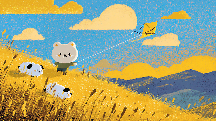 JPG 동물 일러스트 자연 놀이 바람 산 풍경 초원 여름 야외활동 노란색 평화 양 연 연날리기 클라우드서비스 아기곰 국내일러스트 AI일러스트 AI콘텐츠 자연요소 계절 새끼 컬러 컨셉 곰 포유류 날씨 놀이용품 전통놀이 서비스 생태계 파일형식
