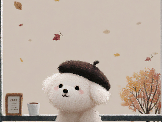 JPG 나무 응시 감정 커피 일러스트 자연 나뭇잎 앉기 풍경 일상 반려동물 인테리어 귀여움 가을 분위기 쓰는 강아지 떨어짐 창가 파스텔 베레모 국내일러스트 AI일러스트 AI콘텐츠 식물 동물 모자_잡화 디자인 시선 계절 음료 컨셉 잎 창문 모션 학용품 라이프 개 생태계 파일형식