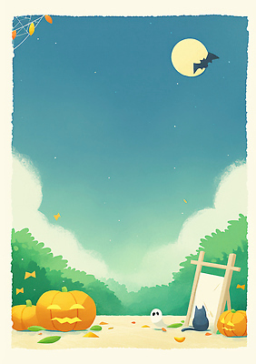 JPG 백그라운드 일러스트 자연 호박 나뭇잎 이끼 잔디 장식 정원 축제 할로윈 가을 분위기 유령 초승달 그림 박쥐 국내일러스트 AI일러스트 AI콘텐츠 식물 계절 컨셉 잎 채소 포유류 달 생태계 파일형식